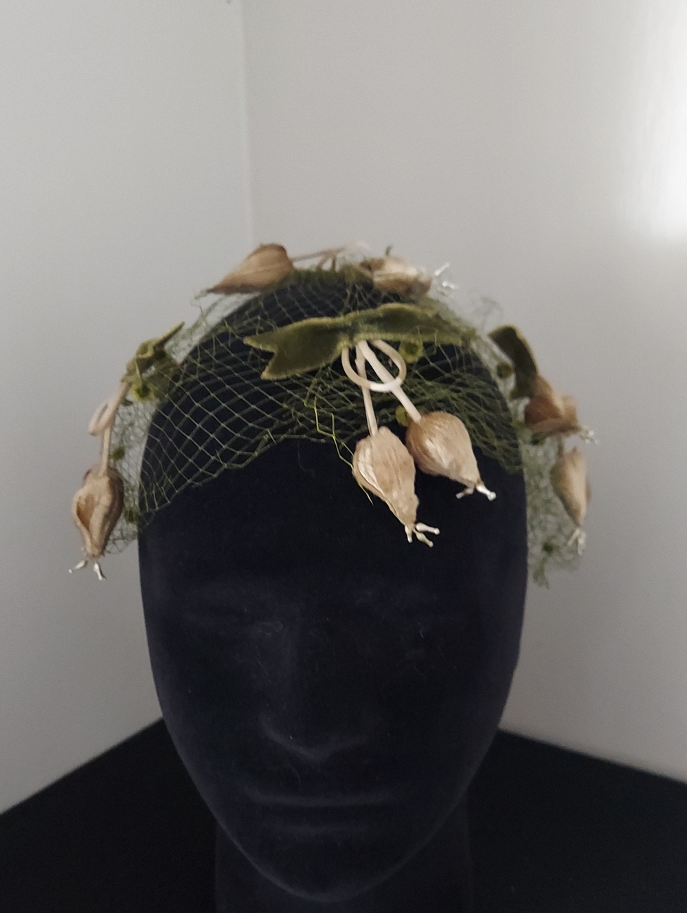 Vintage-Inspired Olive Green Floral Veil Headpiece